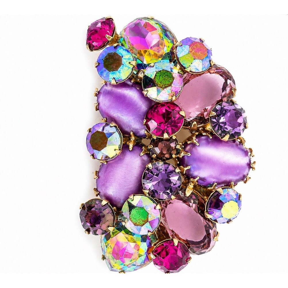 Vintage Rhinestone Brooch Pin Lavender AB Crystal Satin Glass Gold Tone 1960s